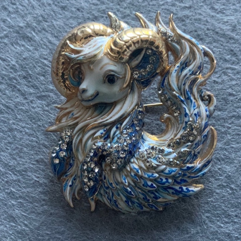 Blue White Enamel Ram Goat Brooch Pin Rhinestone Gold Tone Zodiac Jewelry
